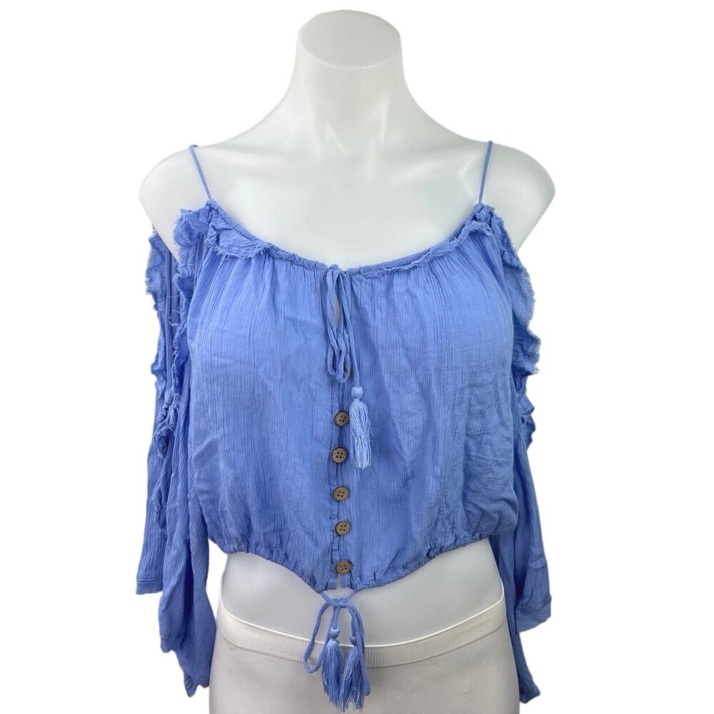 Mustard Seed Blue Ruffle Cold Shoulder Bell Sleeve Boho Crop Blouse Top Size S